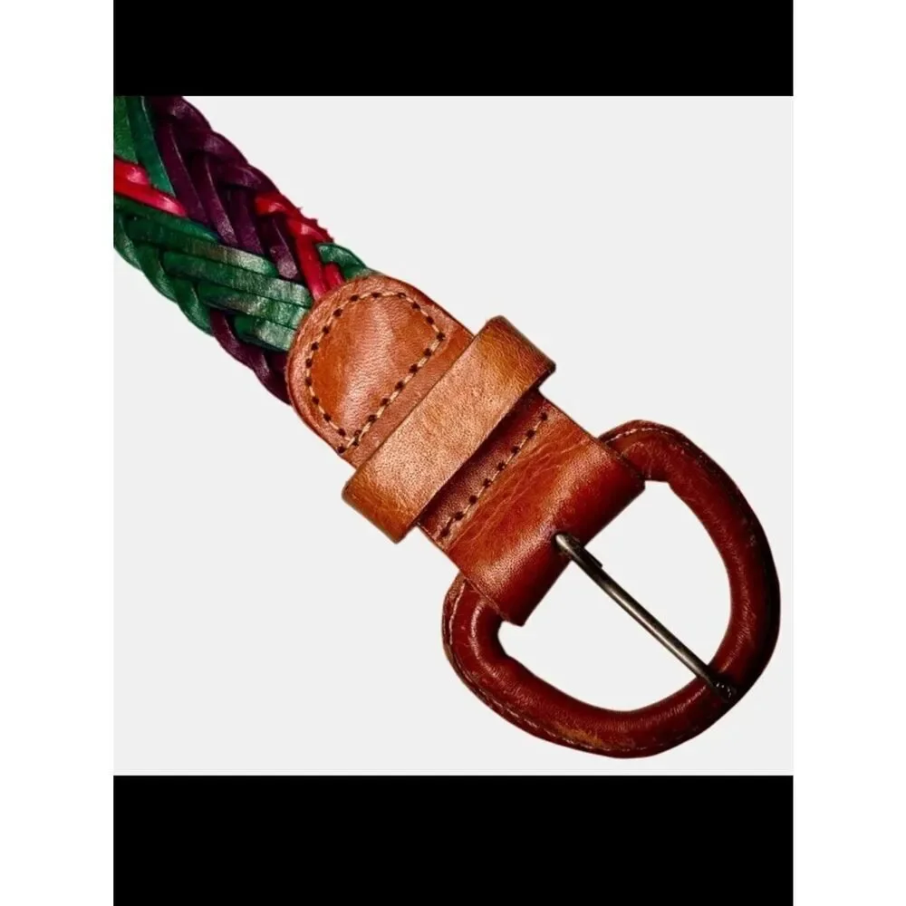 Multicolor Braided Leather Belt in Pink/Purple/Teal Green